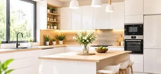 Cuisine blanche avec îlot bois