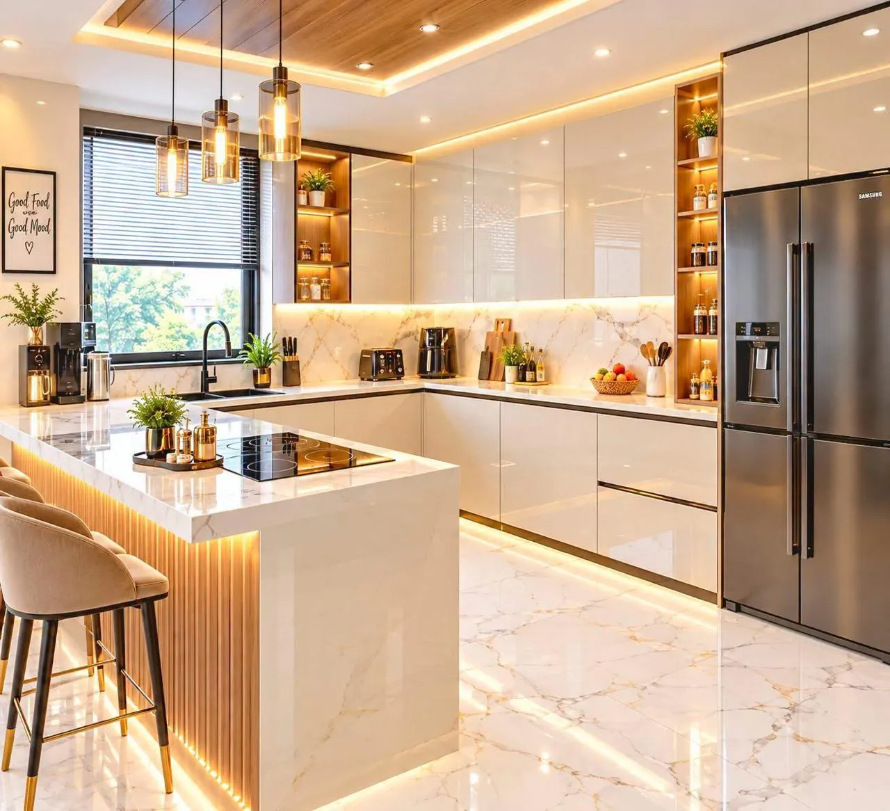 Cuisine sur mesure laquée avec îlot central et plan effet marbre