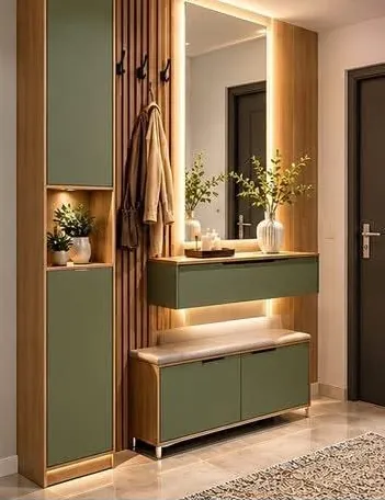 Meuble d'entrée vert avec colonne et miroir
