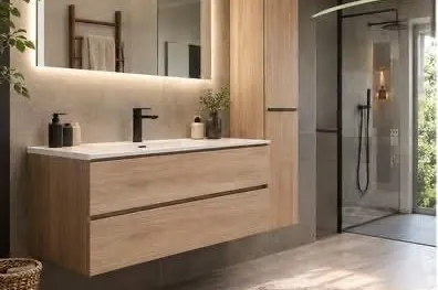 Meuble de salle de bain effet chêne suspendu