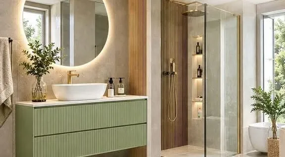 Meuble de salle de bain vert sauge avec vasque à poser